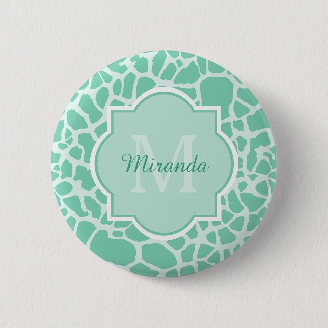 Girly Mint Green Giraffe Print Monogram and Name 2 Inch Round Button (Front)