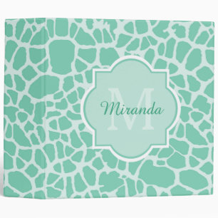 Girly Mint Green Giraffe Print Monogram and Name Binder