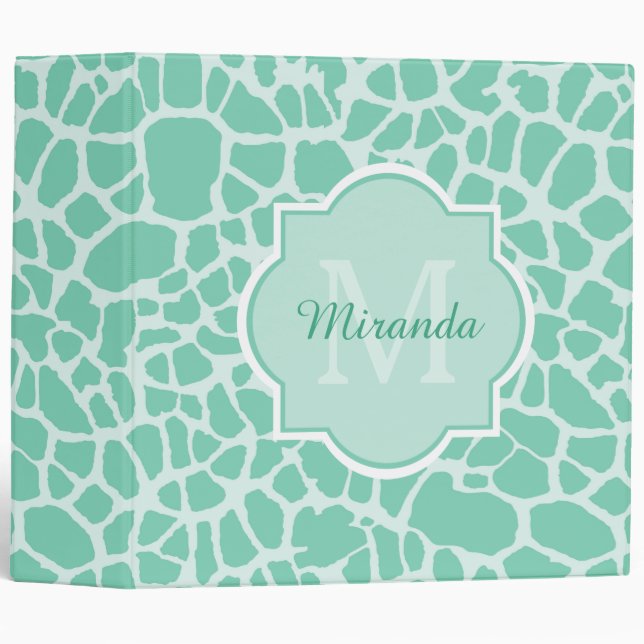Girly Mint Green Giraffe Print Monogram and Name Binder (Front/Spine)