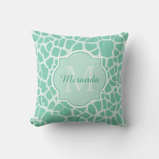 Girly Mint Green Giraffe Print Monogram and Name Throw Pillow (Front)