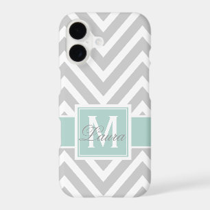 Girly Mint Green Grey Chevron Monogram Name