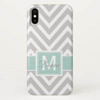 Girly Mint Green Grey Chevron Monogram Name