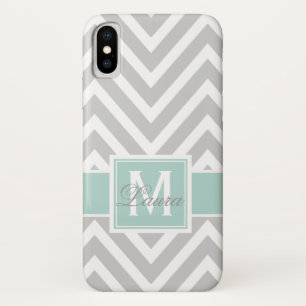 Girly Mint Green Grey Chevron Monogram Name Case-Mate iPhone Case