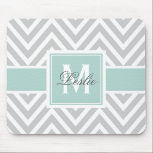 Girly Mint Green Grey Chevron Pattern Monogram Mouse Pad