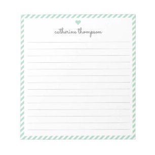 Girly Mint Green Stripe Feminine Script Heart Name Notepad