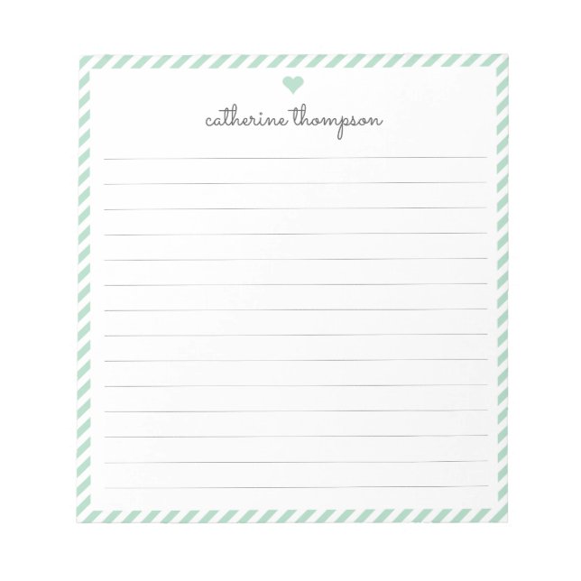 Girly Mint Green Stripe Feminine Script Heart Name Notepad (Front)