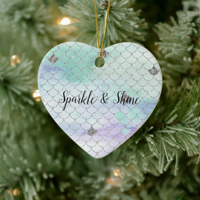 Girly Mint Purple Silver Glitter Mermaid Ceramic Ornament (Tree)