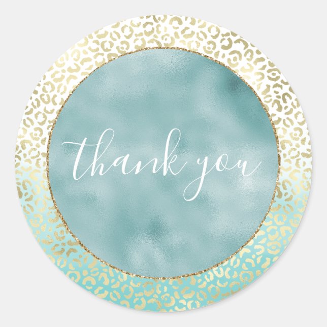 Girly Mint Watercolor Gold Leopard Print Classic Round Sticker (Front)
