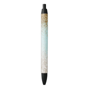 Girly Mint Watercolor Ombre Gold Glitzy Glitter Black Ink Pen