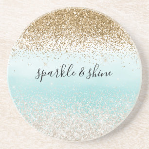 Girly Mint Watercolor Ombre Gold Glitzy Glitter Coaster