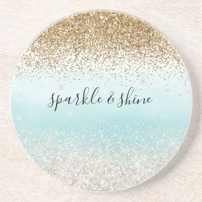 Girly Mint Watercolor Ombre Gold Glitzy Glitter Coaster (Front)
