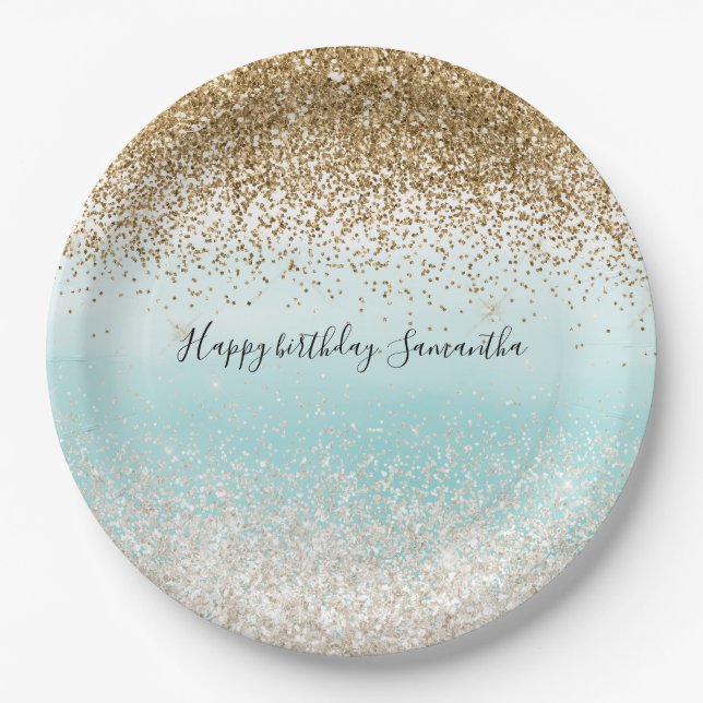 Girly Mint Watercolor Ombre Gold Glitzy Glitter Paper Plate (Front)