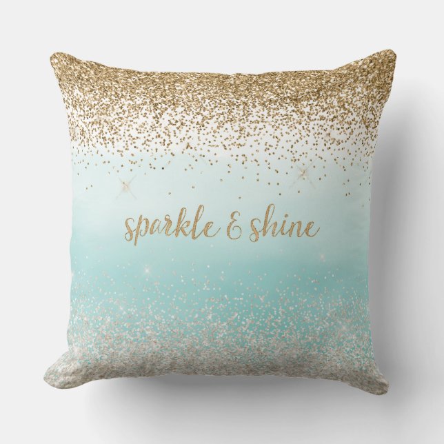 Girly Mint Watercolor Ombre Gold Glitzy Glitter Throw Pillow (Front)