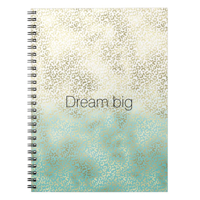 Girly Mint Watercolor Ombre Gold Leopard Print Notebook (Front)