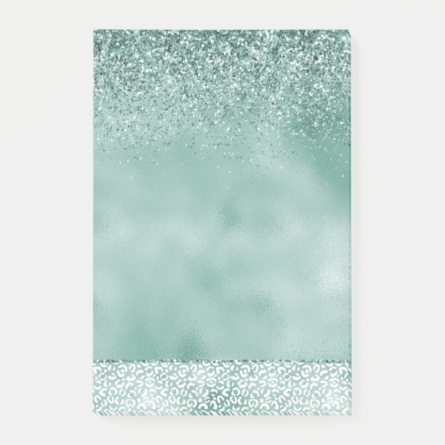 Girly Mint White Leopard Print Glitter Post-it Notes (Front)
