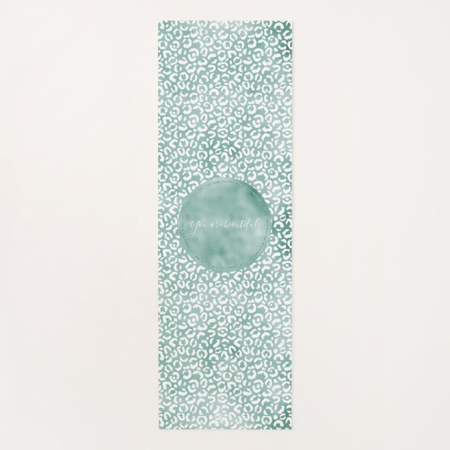 Girly Mint White Leopard Print Yoga Mat (Front)