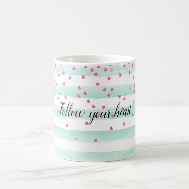 Girly Mint White Stripes Pink Confetti Hearts   Coffee Mug (Center)