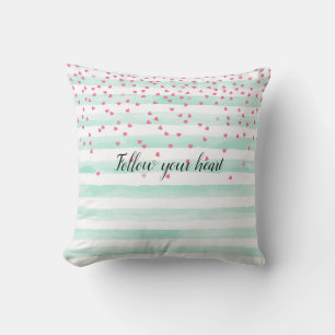 Girly Mint White Stripes Pink Confetti Hearts    Throw Pillow