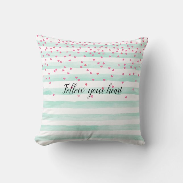 Girly Mint White Stripes Pink Confetti Hearts    Throw Pillow (Front)