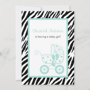 Girly Mint Zebra Vintage Baby Carriage Baby Shower Invitation