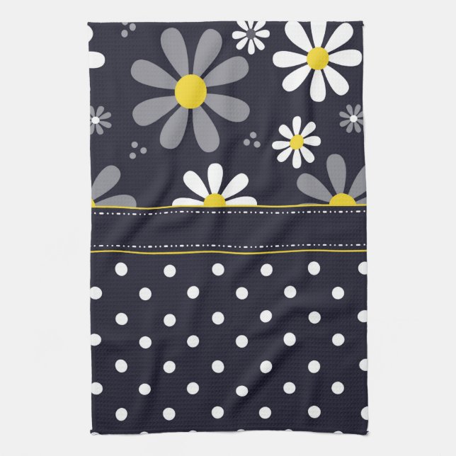 Girly Mod Daisies and Polka Dots Kitchen Towel (Vertical)