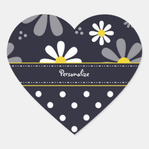 Girly Mod Daisies and Polka Dots With Name Heart Sticker