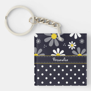 Girly Mod Daisies and Polka Dots With Name Keychain