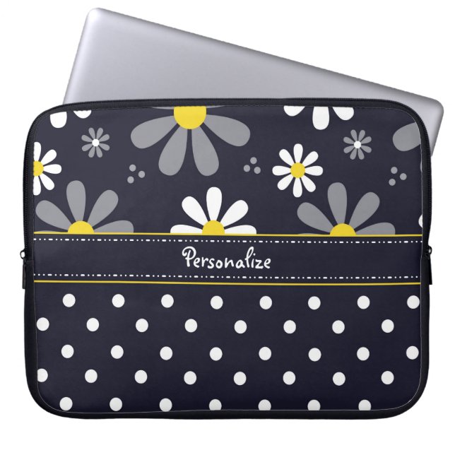 Girly Mod Daisies and Polka Dots With Name Laptop Sleeve (Front)