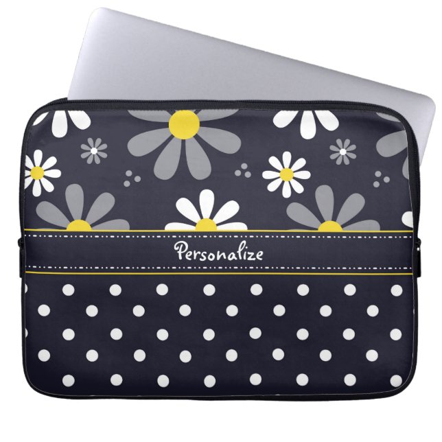 Girly Mod Daisies and Polka Dots With Name Laptop Sleeve (Front)