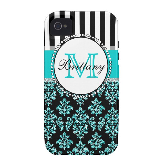 Girly Modern Aqua Teal Glitter Damask Personalized Case-Mate iPhone Case (Back)