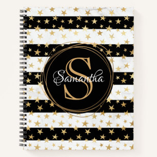 Girly Modern Black Stripe Gold Stars Monogram Notebook