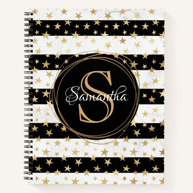 Girly Modern Black Stripe Gold Stars Monogram Notebook (Front)
