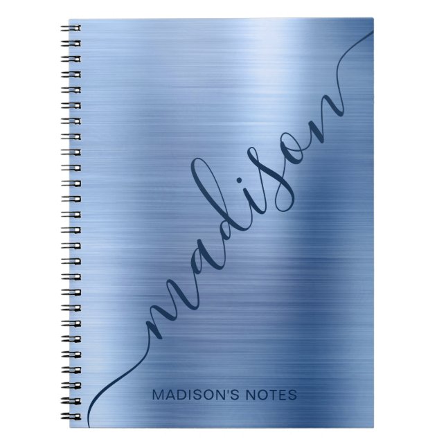 Girly Modern Blue Metal Monogram Signature Script  Notebook (Front)