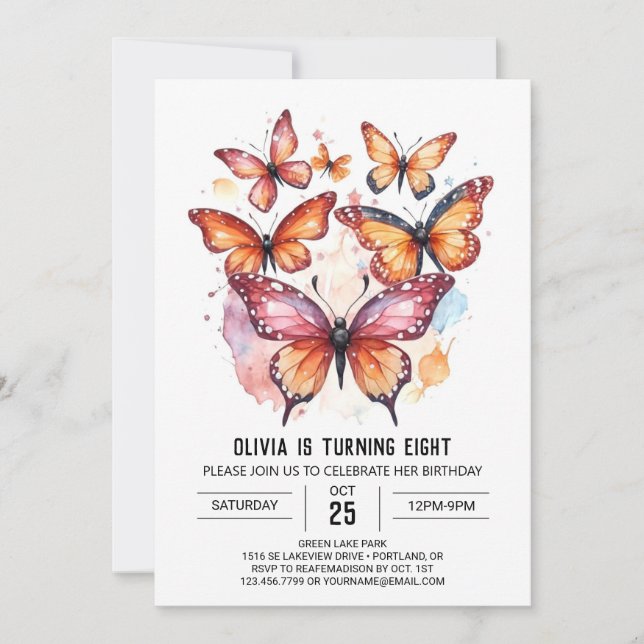  Girly Modern Butterfly Girl Birthday Invitation (Front)