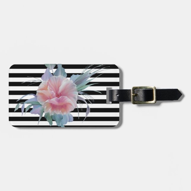 Girly Modern Chic Flowers , Stripes Luggage Tag (Front Horizontal)
