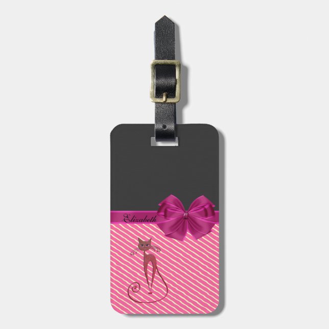Girly Modern Chic Stripes,Cat-Personalized Luggage Tag (Front Vertical)
