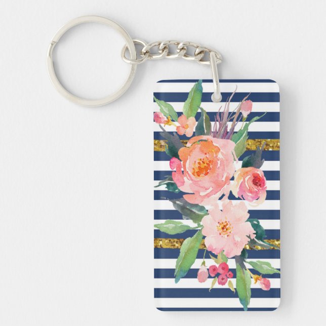 Girly Modern Chic Watercolor Flowers -Stripes Keychain (Front)