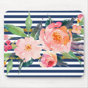 Girly Modern Chic Watercolor Flowers -Stripes Mouse Pad