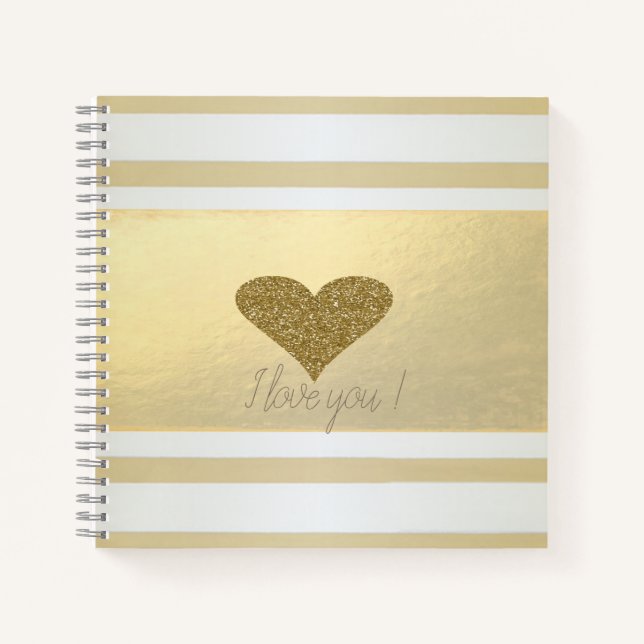 Girly Modern Gold Stripes,Glitter Heart Notebook (Front)