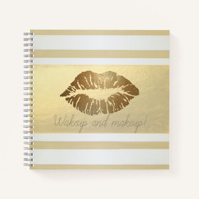 Girly Modern Gold Stripes,Glittery Lips Notebook (Front)