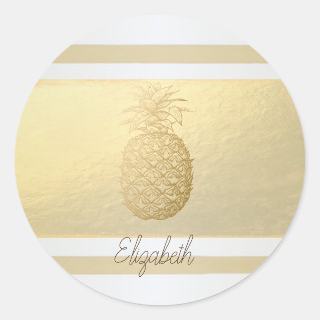 Girly Modern Gold Stripes, Gold Pineapple  Classic Round Sticker (Front)