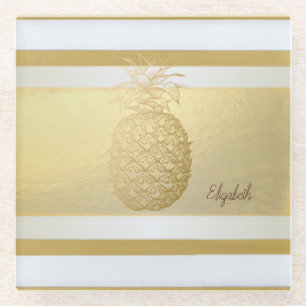 Girly Modern Gold Stripes, Gold Pineapple Glass Coaster