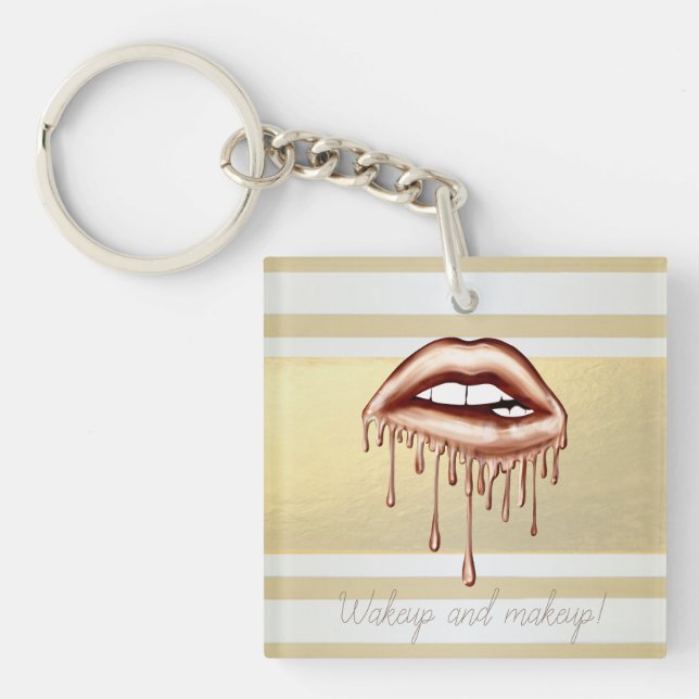Girly Modern Gold Stripes, Metallic Dripping Lips  Keychain (Front)