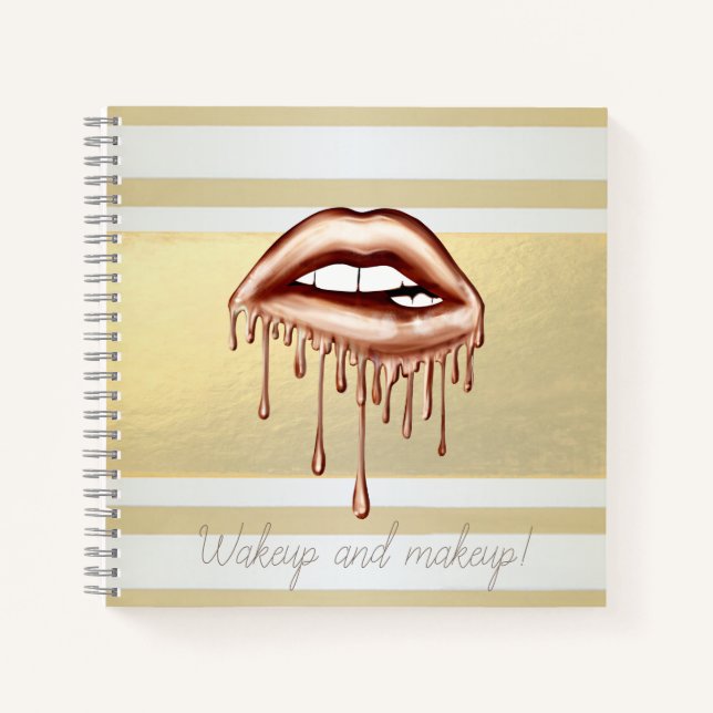 Girly Modern Gold Stripes, Metallic Dripping Lips Notebook (Front)