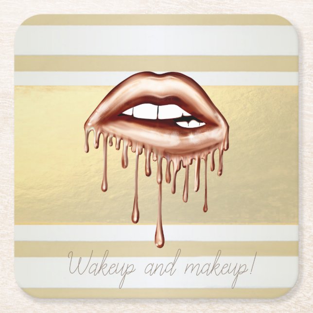 Girly Modern Gold Stripes, Metallic Dripping Lips Square Paper Coaster (Front)