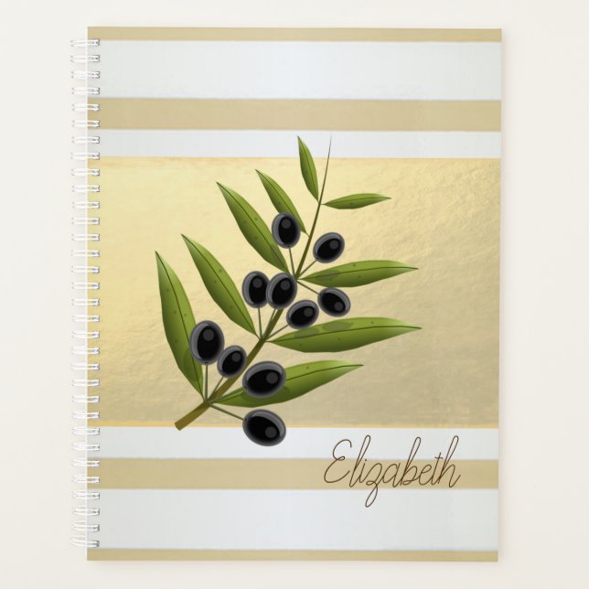 Girly Modern Gold Stripes, Olive Branch Planner (Front)