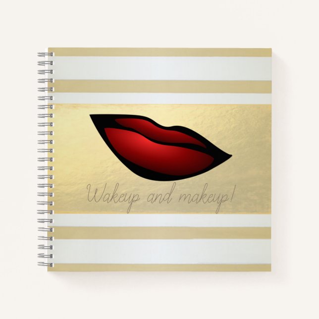 Girly Modern Gold Stripes, Red Lips Notebook (Front)