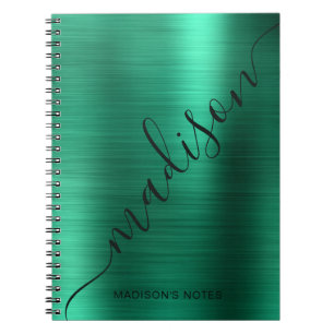 Girly Modern Green Metal Monogram Signature Notebook