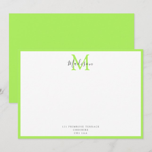 Girly Modern Lime Green Calligraphy Monogram   Not Card (Front/Back)
