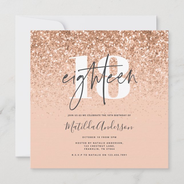 Girly modern peach glitter typography 18 birthday (Front)